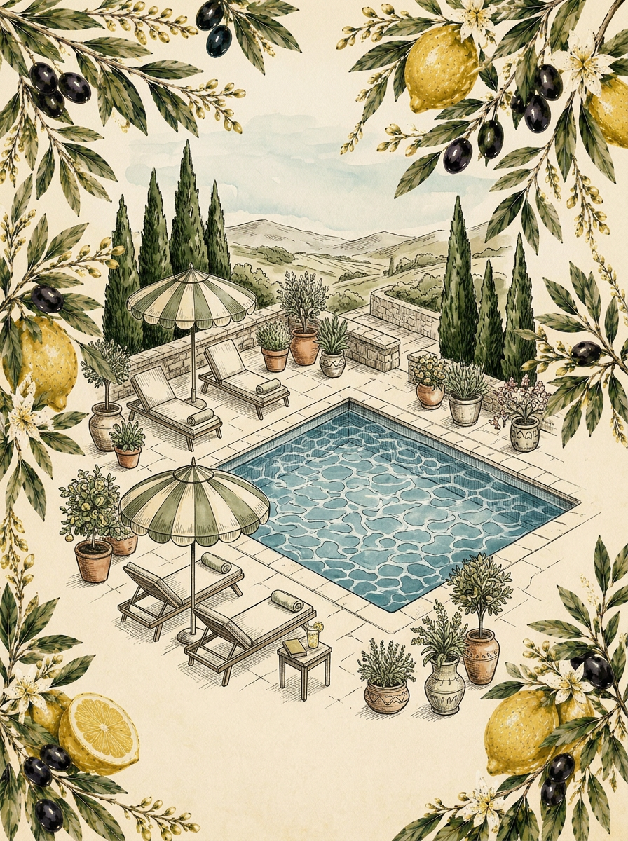 Illustration av parasoll och solstolar vid poolen